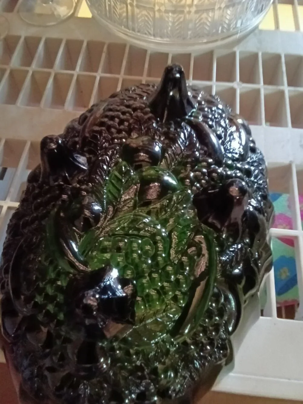 Vintage Green Glass Fruit Bowl with Embossed Design